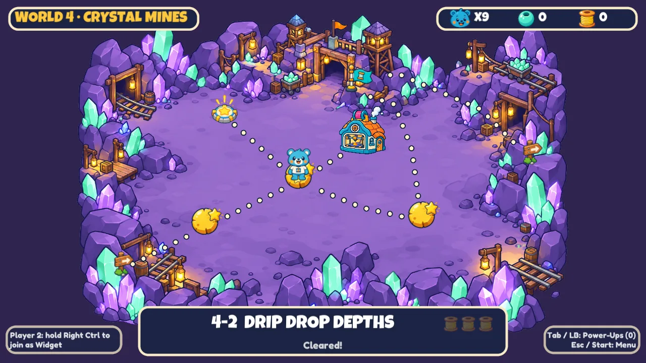 In-game map screen for World 4, Crystal Mines: Pip stands on a path of dots between level stops, with the level 4-2 selected