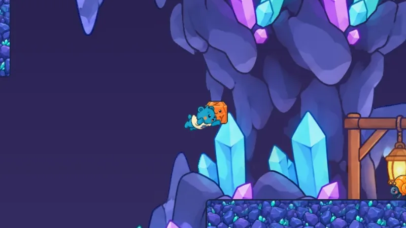 Glimmer Tunnels: Pip explores a dark cave of glowing purple and blue crystals with a hanging lantern