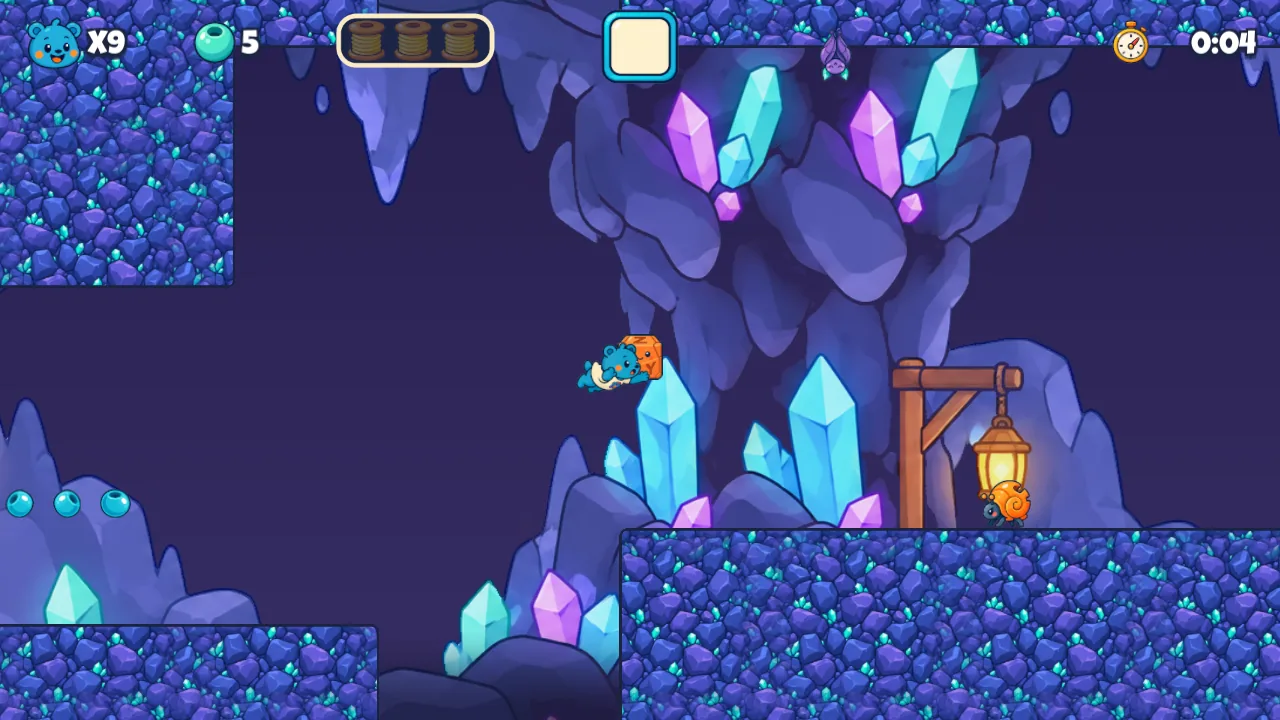 Glimmer Tunnels: Pip explores a dark cave of glowing purple and blue crystals with a hanging lantern