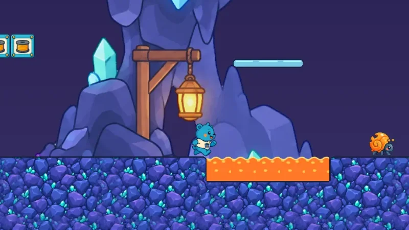 Drip Drop Depths: a cave floor with a pool of molten orange plastic, bonus blocks and lanterns