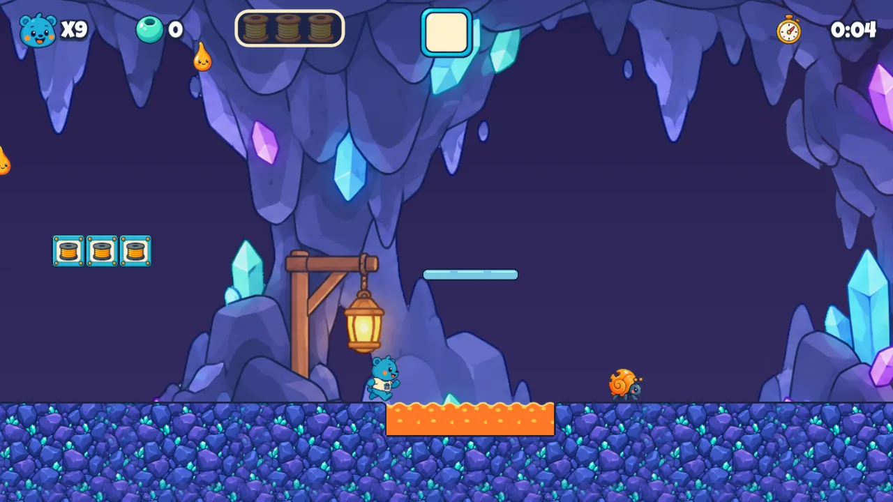 Drip Drop Depths: a cave floor with a pool of molten orange plastic, bonus blocks and lanterns