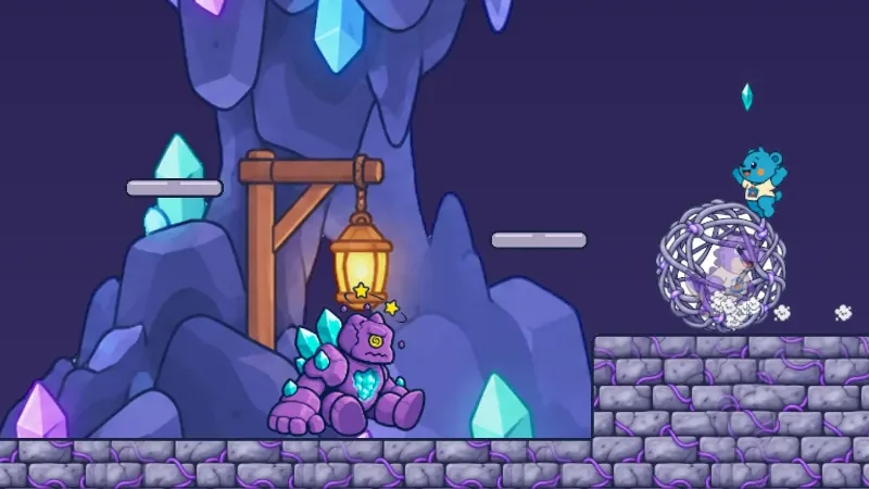 Rexinold's Fort: the Geode Golem, a purple rock giant with crystal spikes, in a crystal cave arena
