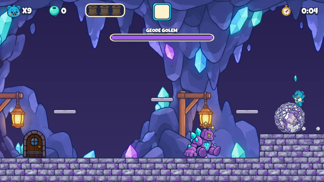 Rexinold's Fort: the Geode Golem, a purple rock giant with crystal spikes, in a crystal cave arena