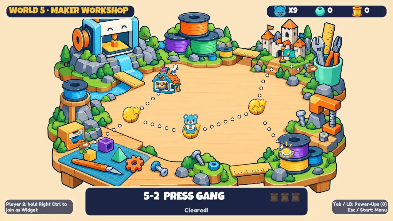In-game map screen for World 5, Maker Workshop: Pip stands on a path of dots between level stops, with the level 5-2 selected
