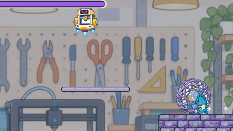 Sparky's Fort: Robo-Printer 3000 hovers over the workshop floor, with Sparky's tangle cocoon on a ledge