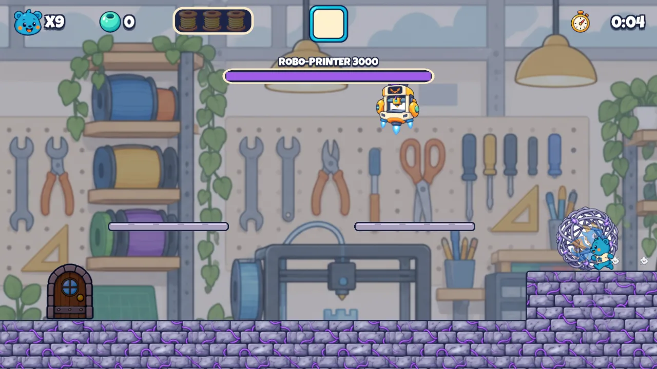 Sparky's Fort: Robo-Printer 3000 hovers over the workshop floor, with Sparky's tangle cocoon on a ledge