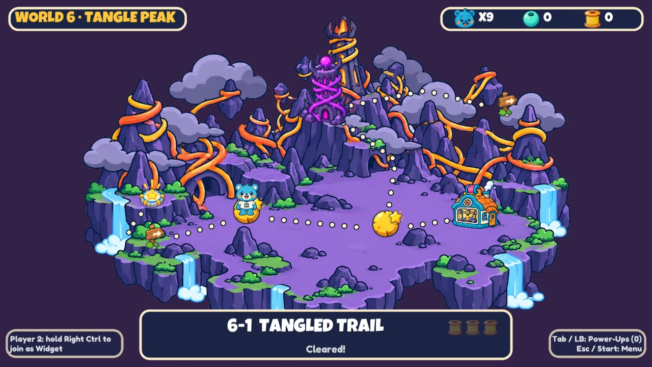 In-game map screen for World 6, Tangle Peak: Pip stands on a path of dots between level stops, with the level 6-1 selected