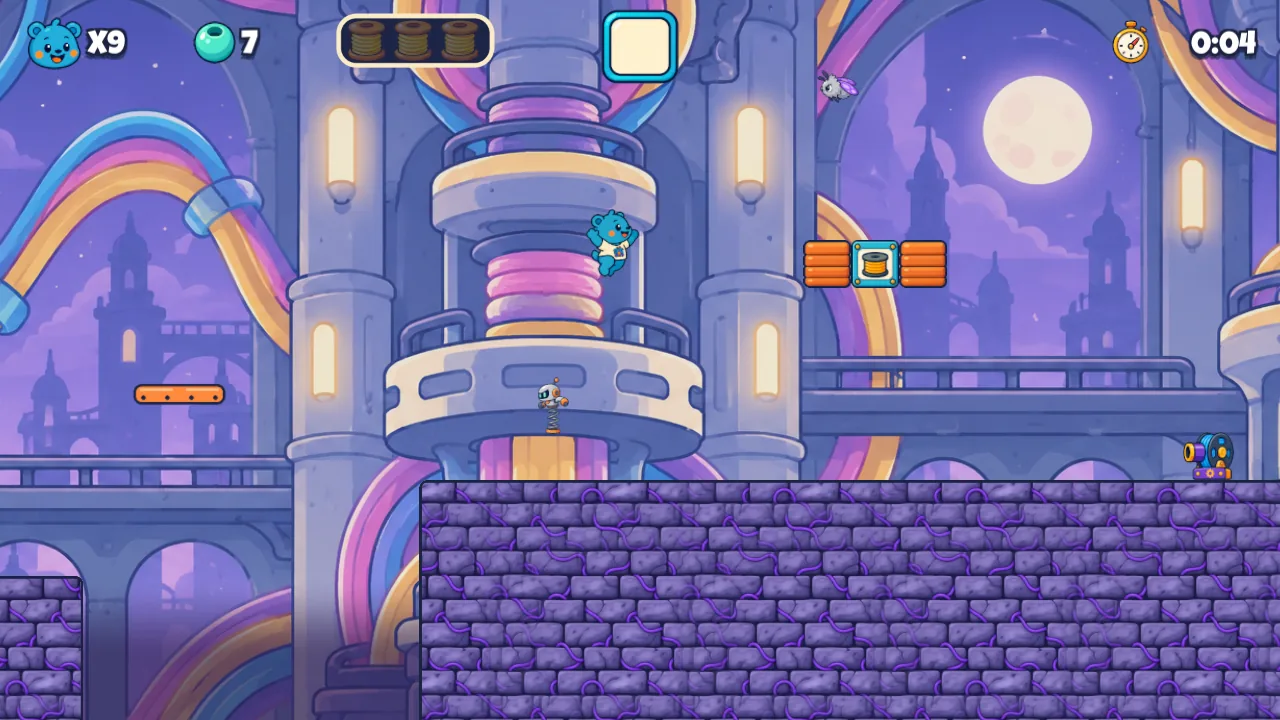 Tangled Trail: a moonlit castle with rainbow filament tubes and tall stone ledges