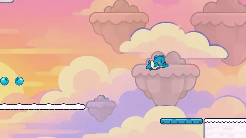 Spaghetti Cliffs: Pip leaps past cloud platforms and floating rocks in a pink sunset sky