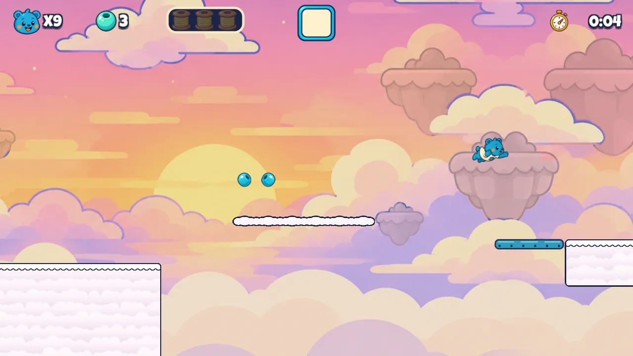 Spaghetti Cliffs: Pip leaps past cloud platforms and floating rocks in a pink sunset sky
