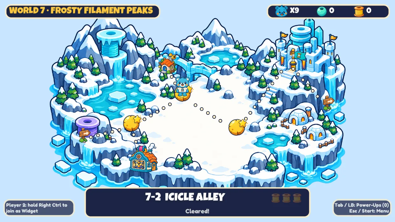 In-game map screen for World 7, Frosty Filament Peaks: Pip stands on a path of dots between level stops, with the level 7-2 selected