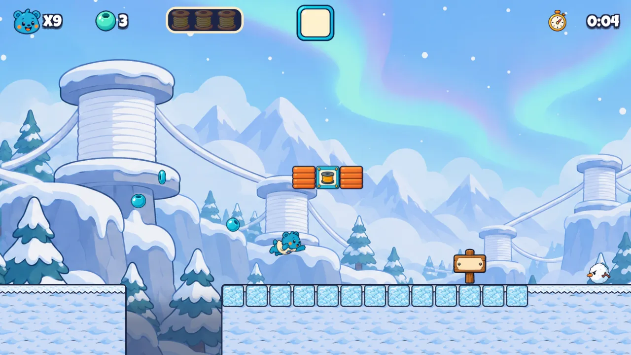 Snowdrift Stroll: snowy pines, giant snow-capped spools and a row of ice blocks under the northern lights