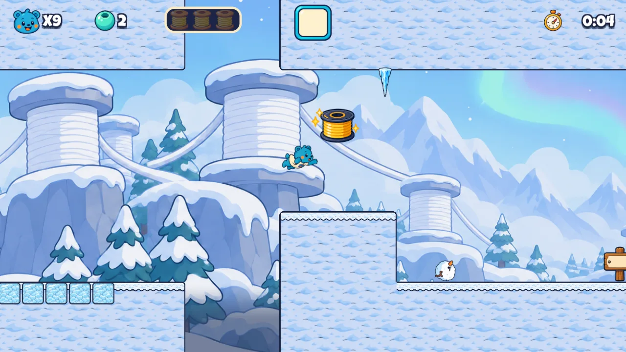 Icicle Alley: snowy ledges with icicles hanging overhead and a golden spool to grab