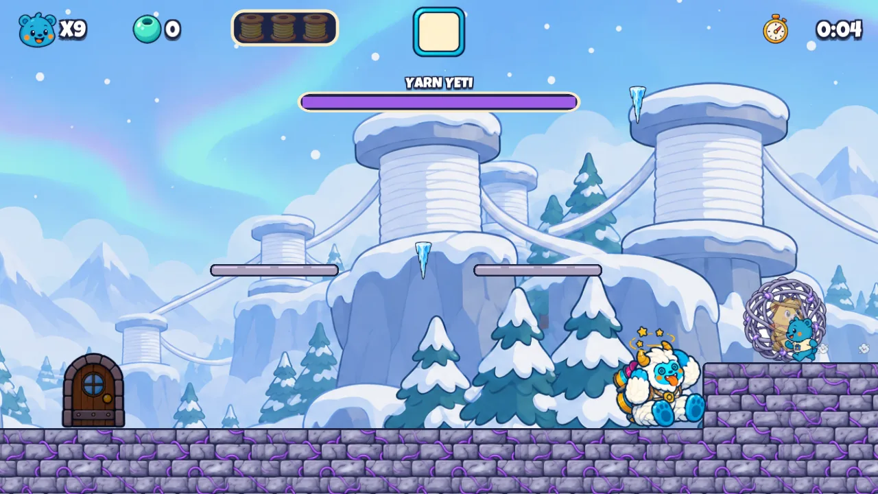Sunny's Ice Fort: the Yarn Yeti, a huge yeti of knitted yarn, in a snowy arena with Sunny's tangle cocoon