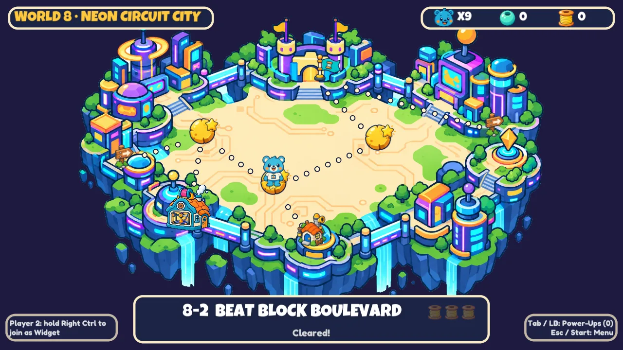 In-game map screen for World 8, Neon Circuit City: Pip stands on a path of dots between level stops, with the level 8-2 selected