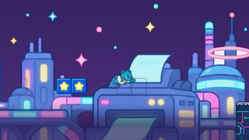 Beat Block Boulevard: a neon city skyline at night with blue star beat blocks to hop across