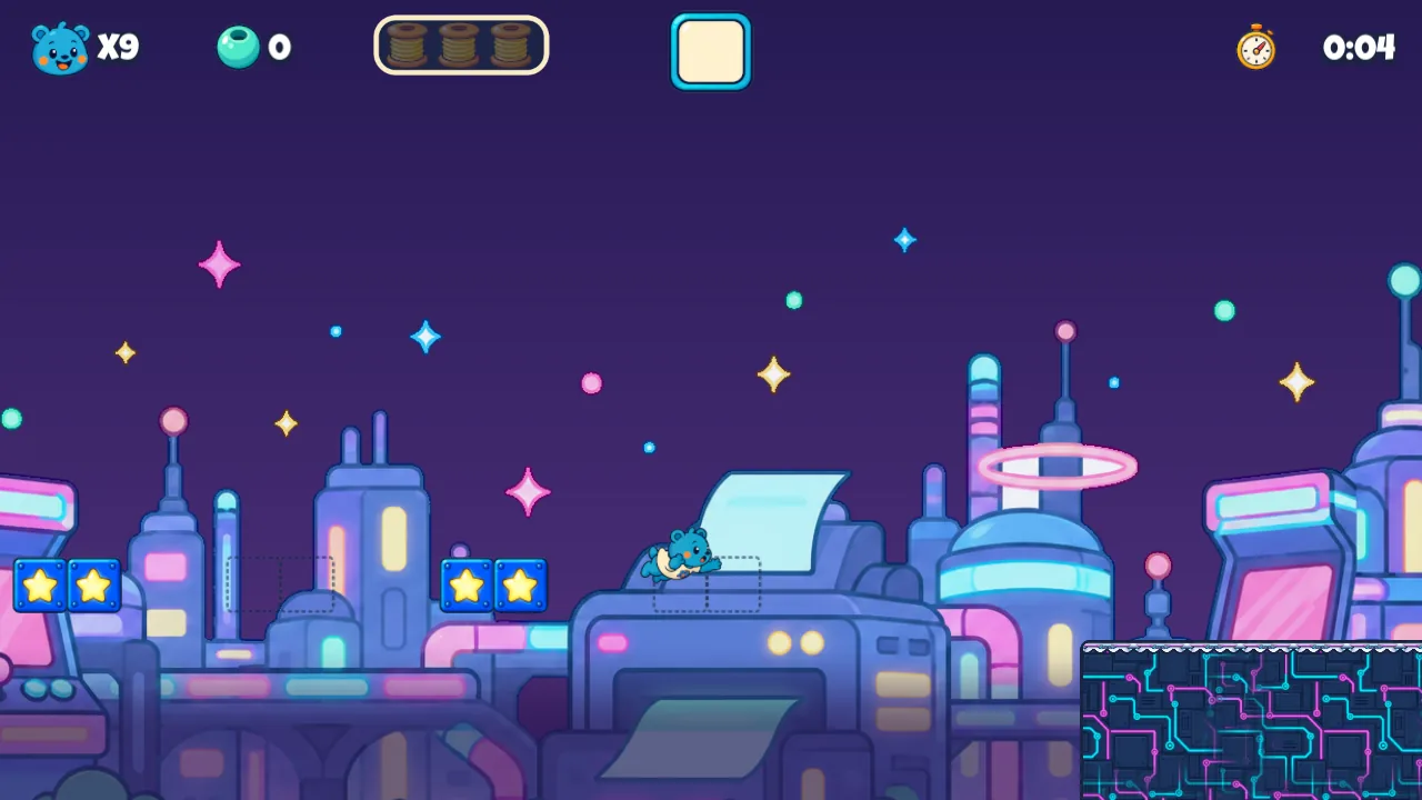 Beat Block Boulevard: a neon city skyline at night with blue star beat blocks to hop across
