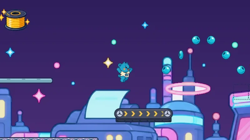 Conveyor Chaos: a conveyor belt and an arc of beads above a glowing neon skyline