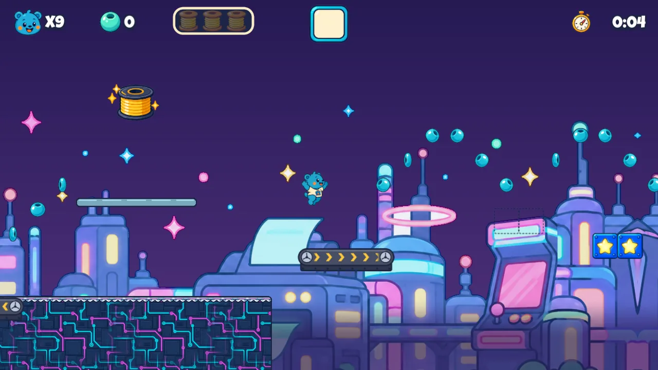 Conveyor Chaos: a conveyor belt and an arc of beads above a glowing neon skyline