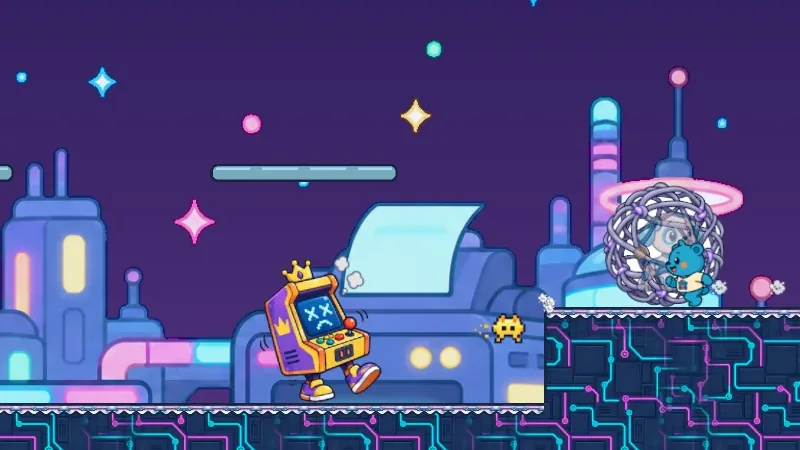 Volt's Fort: the Cabinet King, a walking arcade cabinet, in a neon arena with Volt's tangle cocoon