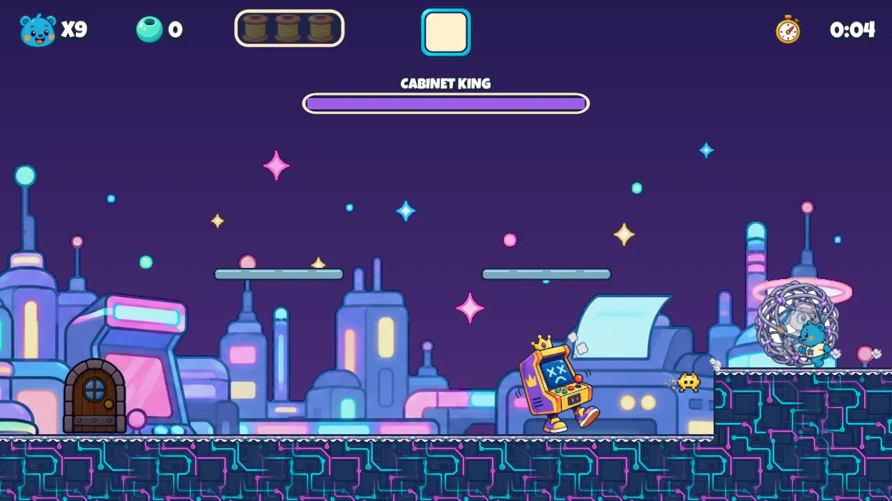 Volt's Fort: the Cabinet King, a walking arcade cabinet, in a neon arena with Volt's tangle cocoon
