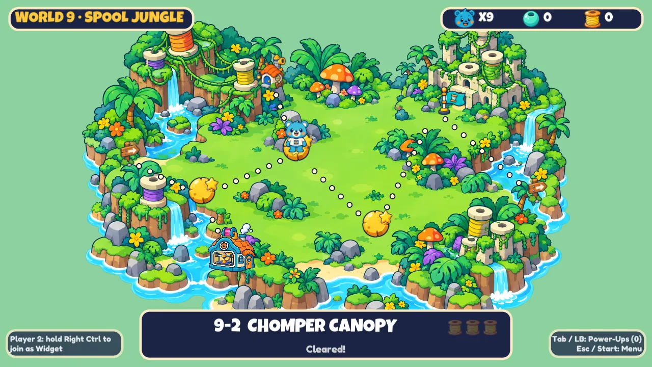 In-game map screen for World 9, Spool Jungle: Pip stands on a path of dots between level stops, with the level 9-2 selected