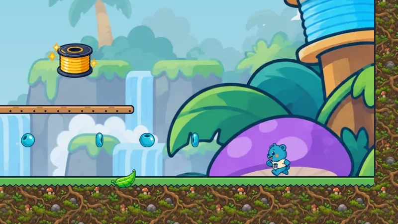 Leafy Lift-Off: a jungle clearing with waterfalls, floating beads and a golden spool above a wooden platform