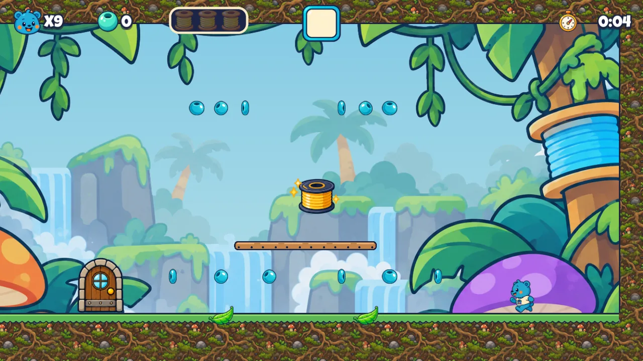 Leafy Lift-Off: a jungle clearing with waterfalls, floating beads and a golden spool above a wooden platform