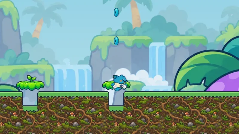 Vine Temple: grassy jungle ledges beside a giant purple mushroom and a huge vine-wrapped blue spool