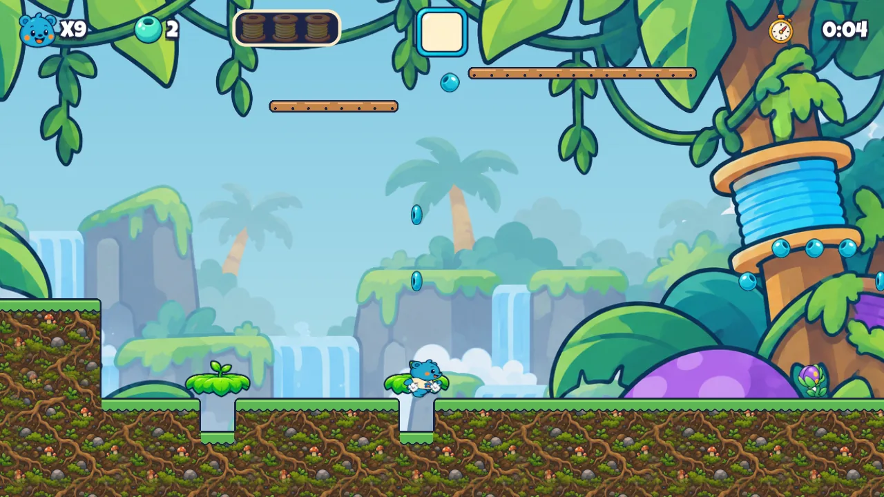 Vine Temple: grassy jungle ledges beside a giant purple mushroom and a huge vine-wrapped blue spool