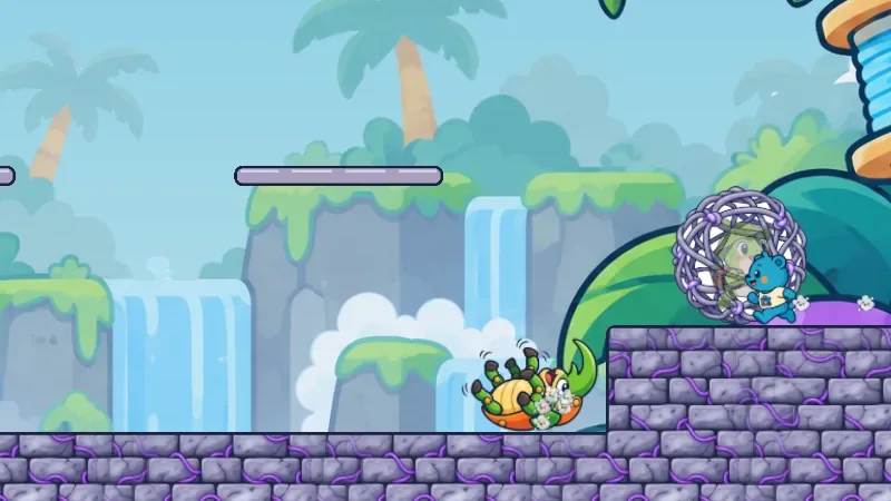 Moss's Fort: the Bulldozer Beetle charges across a jungle arena, with Moss's tangle cocoon on a stone ledge