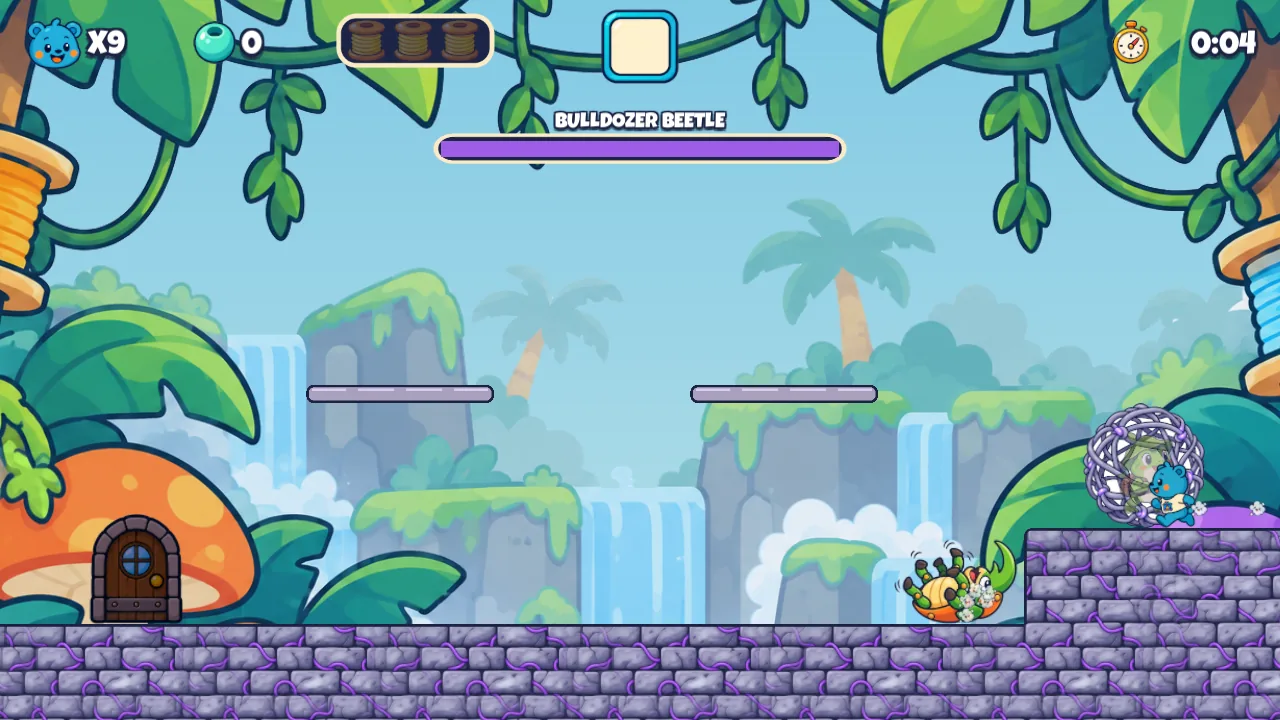 Moss's Fort: the Bulldozer Beetle charges across a jungle arena, with Moss's tangle cocoon on a stone ledge