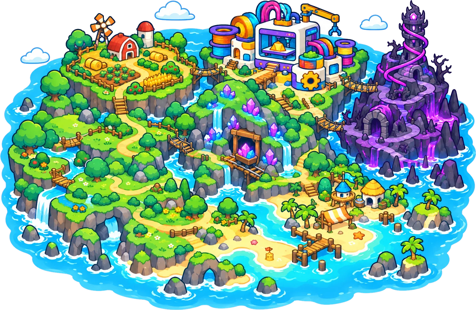 Spool Island seen from above: meadows, a farm, beaches, crystal caves, a big printer workshop in the middle and a dark tangled tower and factory on the right