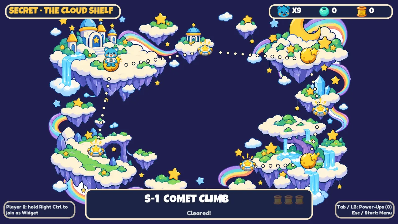 In-game map screen for Secret world, The Cloud Shelf: Pip stands on a path of dots between level stops, with the level S-1 selected