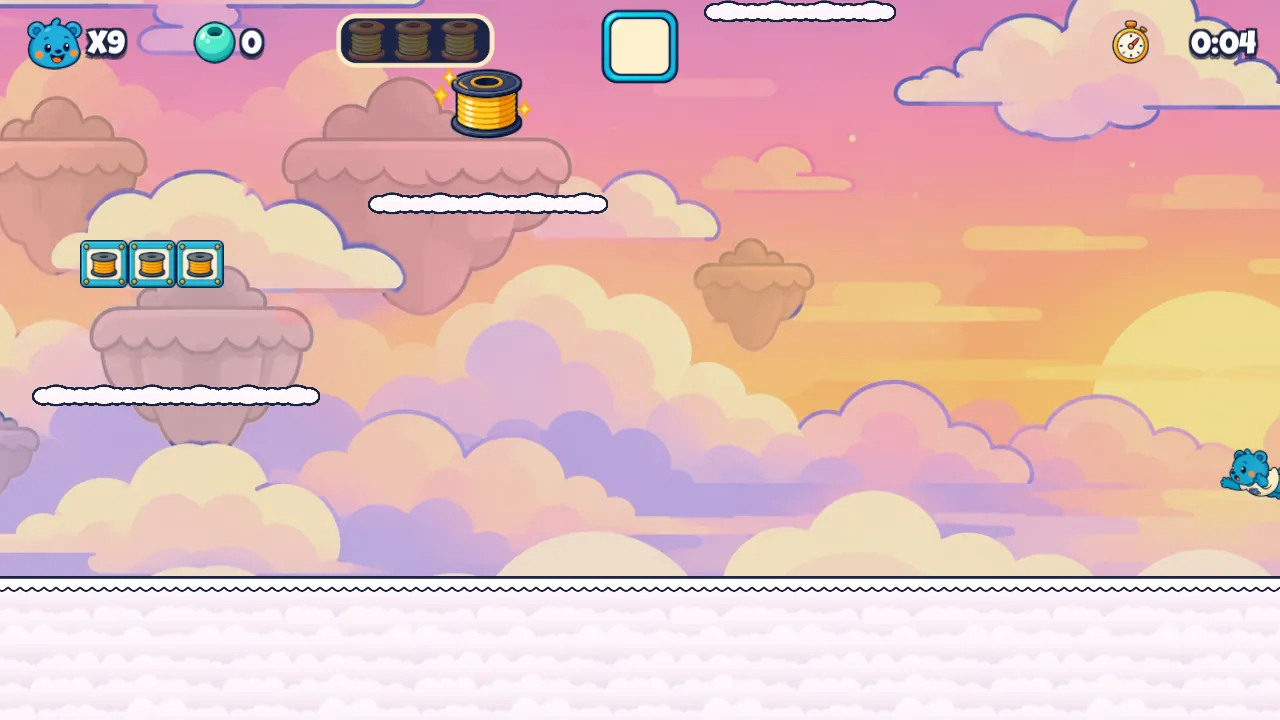Comet Climb: cloud platforms and floating islands in a pink and gold sunset sky