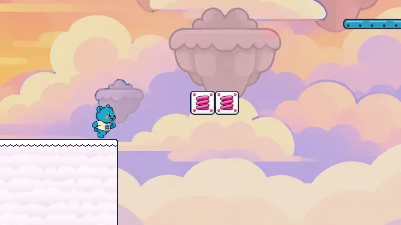 Rainbow Run: Pip on a cloud ledge in the sunset sky, with a row of beads high above