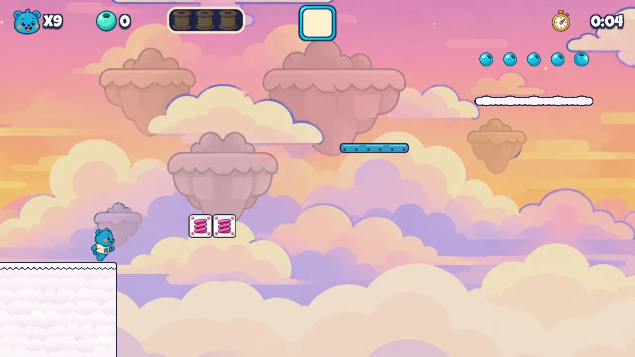 Rainbow Run: Pip on a cloud ledge in the sunset sky, with a row of beads high above