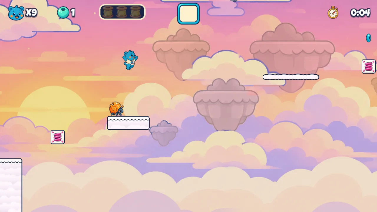 Starlight Steps: Pip leaps between small cloud platforms high above a sea of clouds