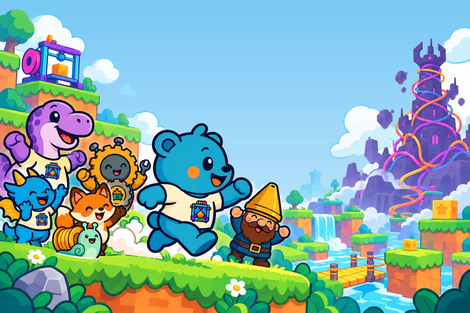 Pip runs across Spool Island with his friends, toward a tower wrapped in tangled thread.